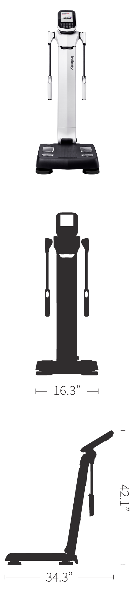 InBody body composition analyzer with dimensions: 16.3" wide, 34.3" deep, 42.1" tall for clinical and home use