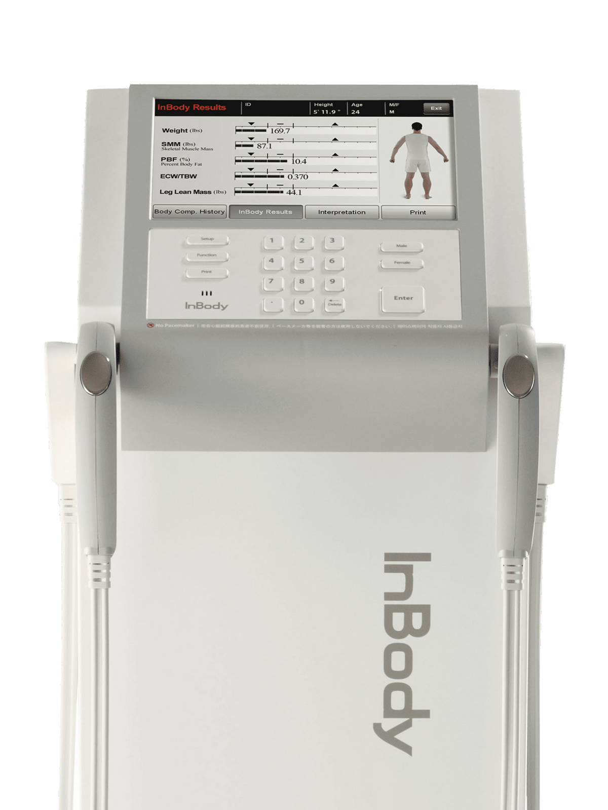 InBody body composition analyzer displaying detailed health metrics on screen for clinical or fitness use