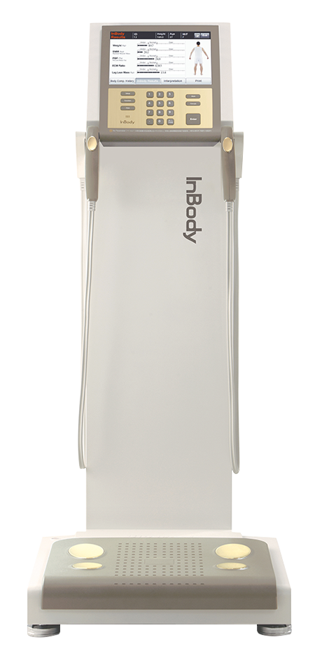 InBody body composition analyzer with digital display and foot electrodes for clinical or home use