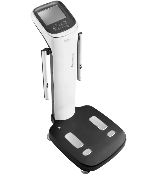 White and black body composition analyzer with digital display and hand electrodes for fitness and clinical use